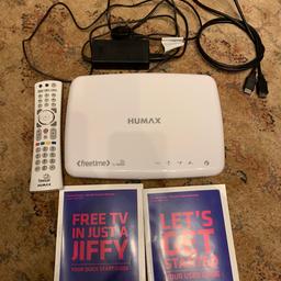 HUMAX Freesat +HD with Freetime Recorder White. Condition is "Used". Allows you to watch TV, record TV for later or watch on Demand. Plugs into your TV with a HDMI cable, we will include cable. We bought from John Lewis.

Great condition. Pictures show the simple to use interface and graphics.