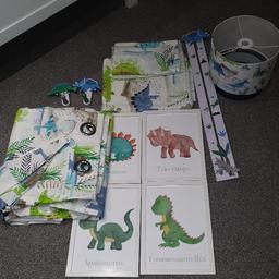for sale is this Dunelm Roar bedding set, this includes:
toddler bed duvet set, includes pillow case, blackout curtains (66 x 72), lampshade, 2 x dinosaur coat hangers, height dinosaur wall measure and four framed dinosaur prints.
All of this is in a fantastic condition.
only selling as my youngest in changing bedrooms
any questions please ask. This is still for sale in Dunelms should you wish to buy any extras