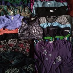 Over 20 items of clothing, mostly ladies. Tops, jumpers, cardigans etc in photo 1. Trousers in photo 2. Dresses and skirts in photo 3. Wide variety of sizes. 1 X size 8, 1 X size 12, 6 X size 14, 2 X medium, 1 X free size, 1 X 14-16, 4 X size 16, 1 X size 16-18, 1 X large, 1 X size 18, 3 X size 20, 2 X size 22, 1 X men's small, 1 X men's large. 1 pair of trousers still has original label. Ideal for car booting. All good clean condition. Collection only.