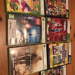 Kinect Adventures
NBA 2K13
Kinect sports 
Kinectimals
Viva Piñata Party Animals
Harry Potter 
Call of Duty modern warfare 2

All £5 each apart from COD - £12
Or all for £37