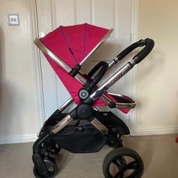 For Sale is our iCandy Peach 3 in Bubblegum the best colour combo around!!

5 point safety seat can be forward facing or parent facing with fully retractable removable hood and full tilting seat in both directions, comes with safety bar too.
With one handed folding system and a huge shopping basket complete with carry handle this buggy is perfect from birth to 4.
It also has a 3 stage retractable handle for easy pushing at any height.
Big chunky wheels and swivel and lockable front wheels