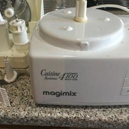 Magimix food processor in very good condition with some attachments very rarely used. Perfect working order however as can be seen from the photo the lid has a crack in it which leaks liquids. Replacement lids are available for around £25 and price reflects this defect. All other attachments and parts are in perfect condition.