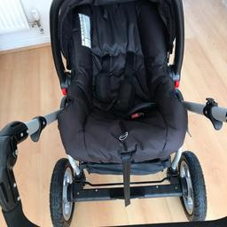 Obaby sport pram and car seat in immaculate condition. Pram can be used from birth and converts to stroller. Comes with baby insert and bar for stroller. Has a lovely big basket underneath. The big wheels can be removed when storing the pram. Its a lovely light pram/stroller to used. Folds down really easily. Can be rear or parent facing. Has car seat with newborn insert. Comes from smoke free home.