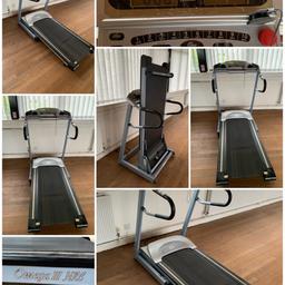 Used.machine age,several years old. Had 6months myself hardly used hence sale, protective cover on dials, great quality treadmill. Can be seen working. Product info in pics. Collection only, be aware of sizes before committing to buy, ideally you’ll need a small van/estate car & will need two people to collect and move it (item weight is 95kg, L,174cm, W, 83cm) ‘pls note’ the width is a square measurement of 83cm as the base is square even when folded. Genuine interest &contact via app only