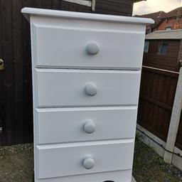 4 draw recycled solid wood unit, painted in white satin paint with light grey knobs, lovely piece of furniture collection only from Stourport