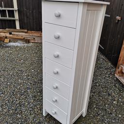 Recycled 7 draw tall boy solid wood unit painted in satin white and light grey knobs, lovely piece of furniture to finish of any bedroom collection only from Stourport