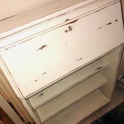 Shabby Chic Slim Shelving Unit Bureau Shoe Cupboard. Condition is "Used".

Lovely cupboard shelving unit very versatile due to its size. Very handy drop down writing shelf or use as storage compartment.

Height 102cm
Width 69cm
Depth 24.5 at deepest part

Sorry - obviously items on shelves not in sale 🤭