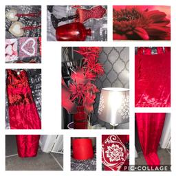 I have 2 sets of red silk curtains large red canvas picture 2 red vases a large flower vase with black and red flowers 2 body ornaments a red lampshade red wooden heart plaques and red bedding and 3 red cushions will upload pics in morning £30  bargain as the flower vase was £35 on its own pick up or can deliver within reasonable distance for cost of fuel all pictured in pic 1 but closer pics in 2-5 any questions just ask