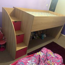 Very sturdy girls cabin bed, sturdy stairs to climb to get in and out of bed - each step is a pull out drawer. Excellent condition, only selling as now need bunk beds. Mattress not included