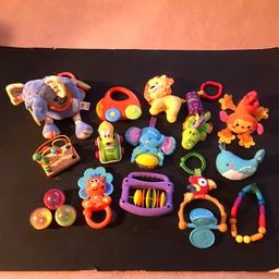 A variety of baby toys. All either machined washed or cleaned with a detol wipe.  From a smoke and pet free home.