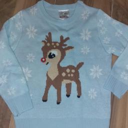 Light blue Ruldolf Reindeer jumper boys or girls, Lily and Dan. Worn once. Collection only