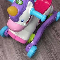 Vtech rock & ride 🦄 - can be a rocker or a ride on, It plays sing along songs/melodies & has parts that light up. Will require x2 AAA batteries when run out. Excellent condition £20, paid £50 for it.