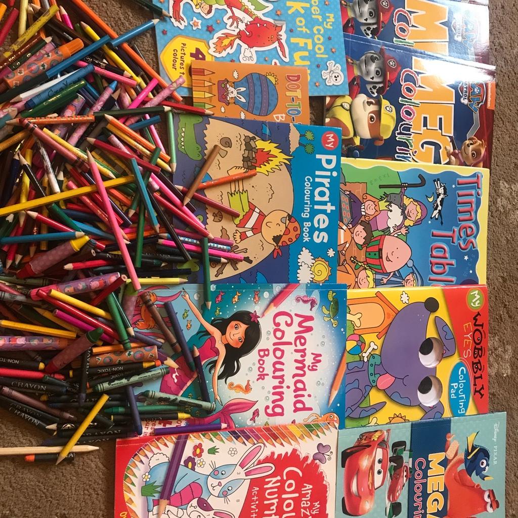 Colouring books only couple pages coloured in each book. No longer needed with crayons felts all used item but ideal or kids who love colouring