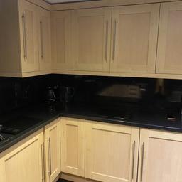 Complete oak kitchen for sale. Includes integrated fridge & freezer, all worktops and backboards. Already dismantled. Range cooker available under separate listing £100. Collection Chatham Kent.