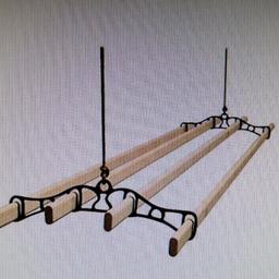 About 7 foot long. Easily shortened.
Fantastic item to have to dry clothes up out of the way.
Used as seen

2 cast iron ends
2 pulleys
4 wooden slats
Cord.
Just needs a cleat hook.

Cash on Collection only