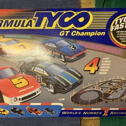 Used Vintage 1996 Formula Tyco Champion Magnum X-3, 4 lane slot car racing set. leaflets,flags, barriers, full track. Four controllers.(cars) Lamborghini Countach #8, Nissan 300ZX #3, Ferrari F40 #7 & Porsche 356 #5. It was working when put back into box but not used for a few years so will need the connections cleaning & prepping for use to get it working again as it has been in the box unused. Sold as seen, as you can see from the pics it’s been looked after. Collection only. Rare set. £65