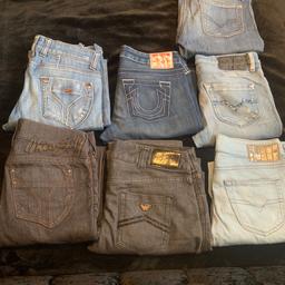 All real designer jeans - all excellent condition 
Armani size 29 
True religion size 27 
Miss sixty size 28 
Diesel range from 28 to 30 
Open to offers