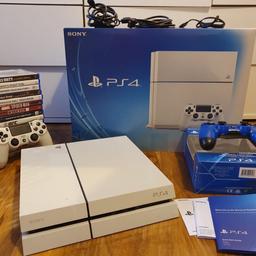 White PlayStation 4 500gb for sale in good, working condition. Minor scratches on surface but otherwise in perfect working condition. 

2x official PlayStation DualShock controllers (left analog stick on both visibly worn but no faults otherwise).

15 games including: Shadow of the Tomb Raider, Hitman 2, Days Gone, Fifa collection 15-20.

HDMI cable, controller charger and power cable included.

All original packaging included. Console has been factory reset to new. 

Collection only from RM5.