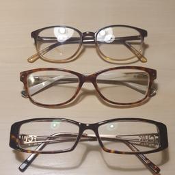 3 pairs of Ladies designer glasses.
Tortoiseshell effect frames for both the French Connection and Replay Frames.
Ombre Brown frames for the specsavers.
They are prescription glasses with -2.5 prescription lenses in them at the moment but the lenses can be popped out and you can fit your own in prescription
Will save you spending on frames in store.
Hope you enjoy them!