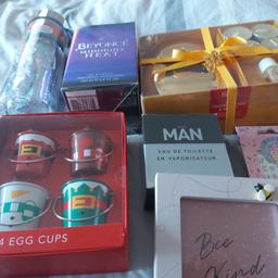 New perfume, new avon Eau de toilette , new drinks bottle with drawstring bag inside,  new be kind pic, new boots nail stickers , new candles , new xmas egg cups £10