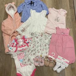 Majority never worn 
Some with tags
3 dresses 
2 rompers
1 greasing gown
3 baby grows
2 pairs of shoes
1 pair of sock with matching headband