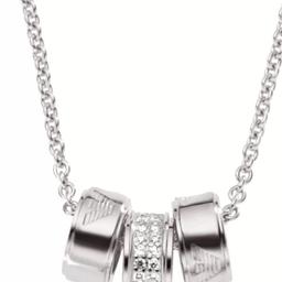 Emporio Armani Sterling Silver Three Bead Stone Set Necklace. A chic three bead necklace from Italian fashion brand Emporio Armani. A sterling silver chain is set with a glittering stone set bead, framed by two round beads engraved with the iconic Armani eagle logo. Simplicity with a stylish edge.