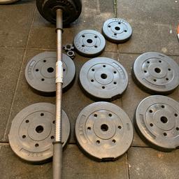 Selling these weights with spin lock and bar.

8 x 3.5 kg
4 x 1.25 kg
2 x dumbell which can be connected to make a barbell
4 x spin lock

To clarify it is 2 dumbells that connect to 1 long barbell 

1 slightly damaged but nothing to be concerned.
Thanks