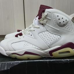 This AJ 6 is highlighted in a mix of Off White and Maroon based colourway. The pair includes a leather upper in white with contrasting maroon accents. There are visible perforations on the upper which ensures optimum ventilation. The pair also includes the original lace locks.
In Size UK 9. The shoe is used but in pretty good condition like new and well looked after.
Comfortable for all day wear.
Collection in person: £80.00
Delivery within UK tracked: £90.00