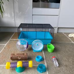 Perfect hamster starter kit includes large sized cage from Pets at Home, hamster ball, 8” running wheel, water bottle, two tunnels, sand bath and 2 food bowls! Collection only.