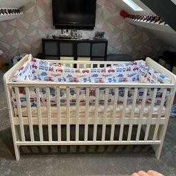 Cot / cot bed 
Few minor marks and one slat is missing ( easy fix)
No longer needed
Mattress and bumper set if needed
Good condition