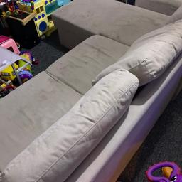 Sofa with underneath storage. Turns into bed. Splits into 3 parts for easy transportation. May need cleaning or new covers. Comes with 3 big cushions. Free for collection