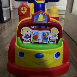 Very good condition fisher price ride on, 
All lights and sounds working. 
Small ABCD book in the front and lots of shapes and alphabets and numbers.
Collection from hall green 
Can deliver locally for fuel cost.