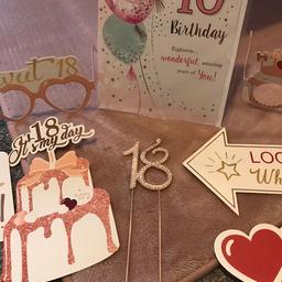 Girls 18 th birthday bundle  photo props a birthday card a diamanté gold 18 cake topper and 18 banners pick up Dudley dy12jn