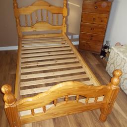A GOOD QUALITY SOLID PINE SINGLE BED FRAME IN GOOD CONDITION, L- 80 inches W- 40 inches.