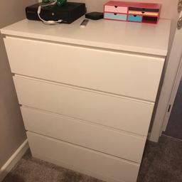 “Malm”. White 4 drawer chest from IKEA. Handleless. Small crack in front cross piece as shown. Hardly notices and doesn’t effect performance. Clean pet/ smoke free hone. W= 80cm. H=100cm. D=48cm.