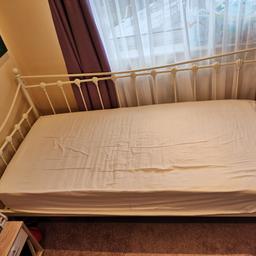 It has been kept in a spare room and used a handfull of times by visitors. Generaly good condition, one wood slat snapped( kids playing) -pictured. Comes with 2 mattresses, pet and smoke free home. Aproximate size with trundle under bed are 200cm/85cm. Collection Middlewich.