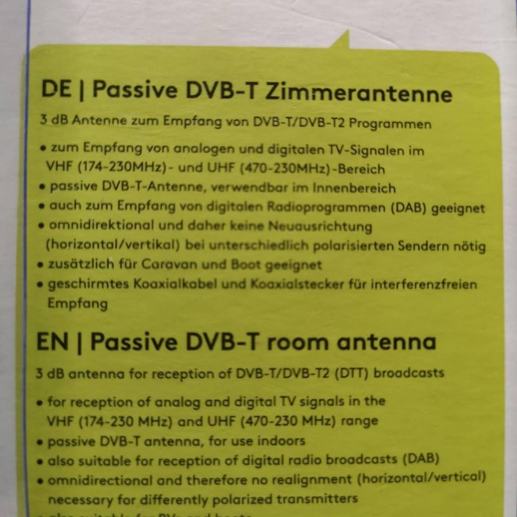 Verkaufe eine neue DVB-T Zimmerantenne.
Sie ist neu und original verpackt.
Preis zzgl. Versandkosten