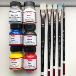 ANGELUS Acrylic Leather Paints, 5 Angelus Brushes & Acrylic finisher (put on top of the acrylic paint to protect) 

- 5 brushes (3 brand new never used)
- red paint (brand new never used)
- yellow paint (brand new never used)
- black paint (brand new never used) 
- white paint (3/4 full)
- blue paint (3/4 full) 
- acrylic finisher (brand new never used) 

RRP new - £35
Open to offers ✨