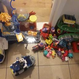 Peppa pig playsets,space play sets and a Fisher price train and track (not pictured). huge bin bag full of toys. x