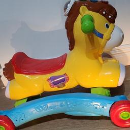 Used but in good condition, Just needs batteries.

This vibrantly coloured VTech Rock and Ride Pony grows with your child: use it as a rocking pony or as a ride-on toy. The motion sensor rouses when the pony is in useand plays music and sound effects.

Press one of the 3 illuminated buttons to hear phrases, action words and sound effects.

By rotating the disk your child can listen to the pony gallop, neigh and various melodies.
