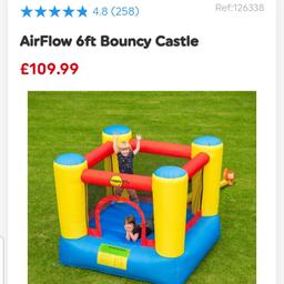 childs 6ft bouncy castle like the one pictured. comes with blower
has been stored in the shed so would need a clean. no punctures. has ground pegs
collection Treuddyn