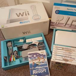 boxed wii sports resort wii console includes, all leads,stand sensor bar,1x remote + gel cover, 1x nunchuck,1x motion adapter, 9x games,boxed sports accessories for remote. tested and in good working order. no time wasters and no silly offers as they will be ignored!!!