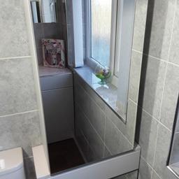 white ikea bathroom cabinet with mirror door which can be left or right hinged, wall mounted with fixings. size - height - 625 mm (26 1/2") width - 400 mm (15 3/4") depth, front to back - 212 mm (8 3/8"). two glass shelves. reasonable condition does have minor forgivable cosmetic marks, i.e see pics 4 and 5 to see slight marks on mirror