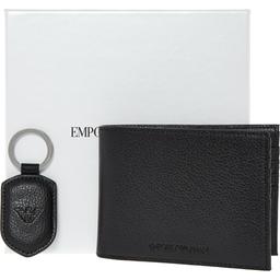 Wallet Box Set Black Embossed Logo Detail Leather Keyring Accent Bifold Design Eight Inner Card Spaces Two Note Spaces H: 10cm. W: 13cm. D: 2cm.