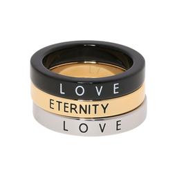 CALVIN KLEIN Three Pack Multicolour Love Eternity Rings Size M and P.
Set of three rings Gold tone Silver tone Black Two engraved with 'love' One engraved with 'eternity' Boxed