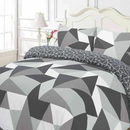 - Visit us on cintsandhome.co.uk -

Single: Fits W135cm x L200cm (53" x 79") - Includes duvet cover & 1 pillowcase.  £17.99

Double: Fits W200cm x L200cm (79" x 79") - Includes duvet cover & 2 pillowcases.   £21.00

King: Fits W230cm x L220cm (91" x 87") - Includes duvet cover & 2 pillowcases.    £24.00

Super King: Fits W260cm x L220cm (102" x 87") - Includes duvet cover & 2 pillowcases.    £25.99

Design: A bold and bright design in pastel black, grey and white geometric triangle print - the perfect balance for a modern design. A reversible geometric print means your colours can be flexible.

Material: Polycotton - 50% Polyester, 50% Cotton

Includes: Duvet Cover with Pillow Case(s)

Washing Instructions: Machine Washable

Postage time is usually between 3-5 working days. (£2.90)