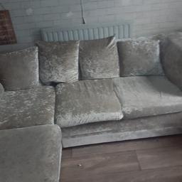 less than 2yrs old crush velvet silver grey corner sofa and single matching arm chair excellent condition clean smoke free home needs to go ASAP needs to be gone today!!
