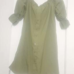 Khaki 
Short sleeves 
Buttons down the front 
Off the shoulder 
Light Dress
Never been worn