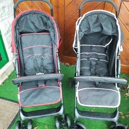 Lightweight with sturdy frame. Birth to 3yrs. large shopping basket, double side parking brakes, swivel front wheels, muti position back rest can lie flat, pocket in hood, adjustable leg rest, raincover, large shopping basket, bumper bar. Can post for around £8. Have got assorted footmuffs extra. Pram £40 each. THE BLACK WITH WHITE TRIM IS SOLD
 