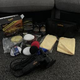 Here forsale is a full car detailing kit and Halfords DA polisher correct all your paint impurities with this kit comes with all applicators and cloths and a meguaires paint care kit hardly used great kit perfect for beginner or professional detailer 120£ the lot bargain